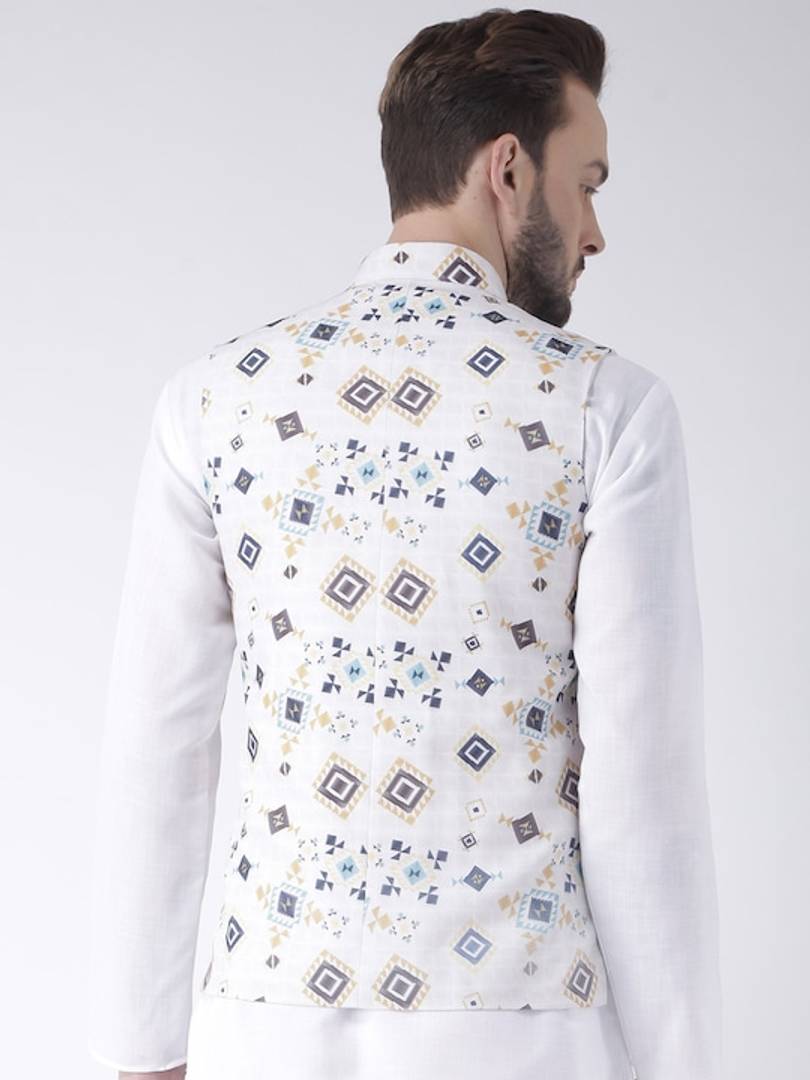 Men's Off White 
Cotton Blend
 Printed Nehru Jackets